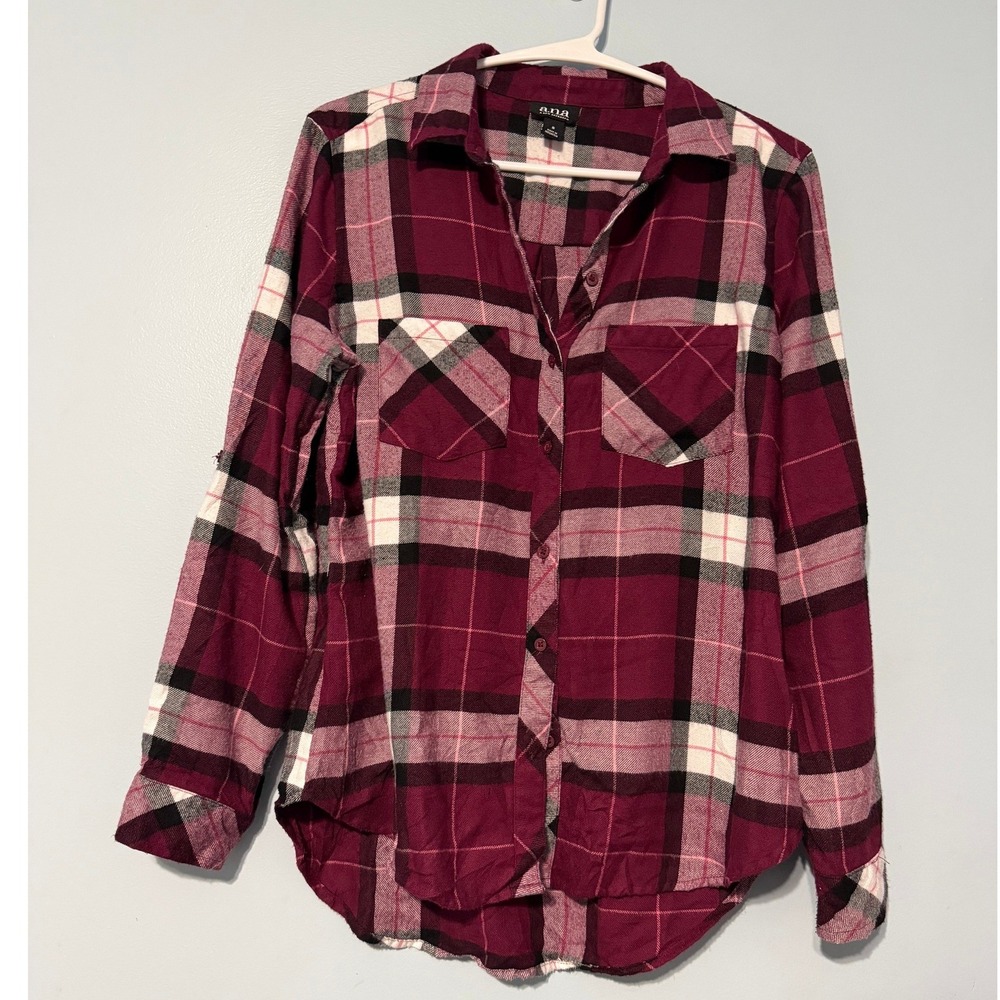 ANA A New Approach Women's S Burgundy Plaid Flannel Button Down Shirt Top 1115